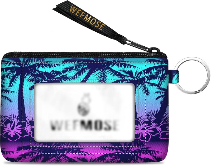 WEFMOSE Small Wallet Keychain with Clear ID Window Zipper Cute ID Case Coin Purse for Women Water Resistant Coin Pouch-Sunset Trees Keychain Wallet - Image 1